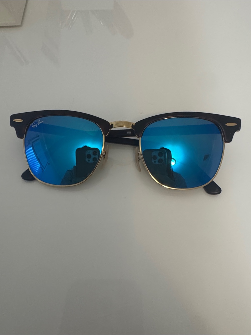 Ray-Ban Clubmaster Sunglasses — Black Frame with Blue Mirror Lenses